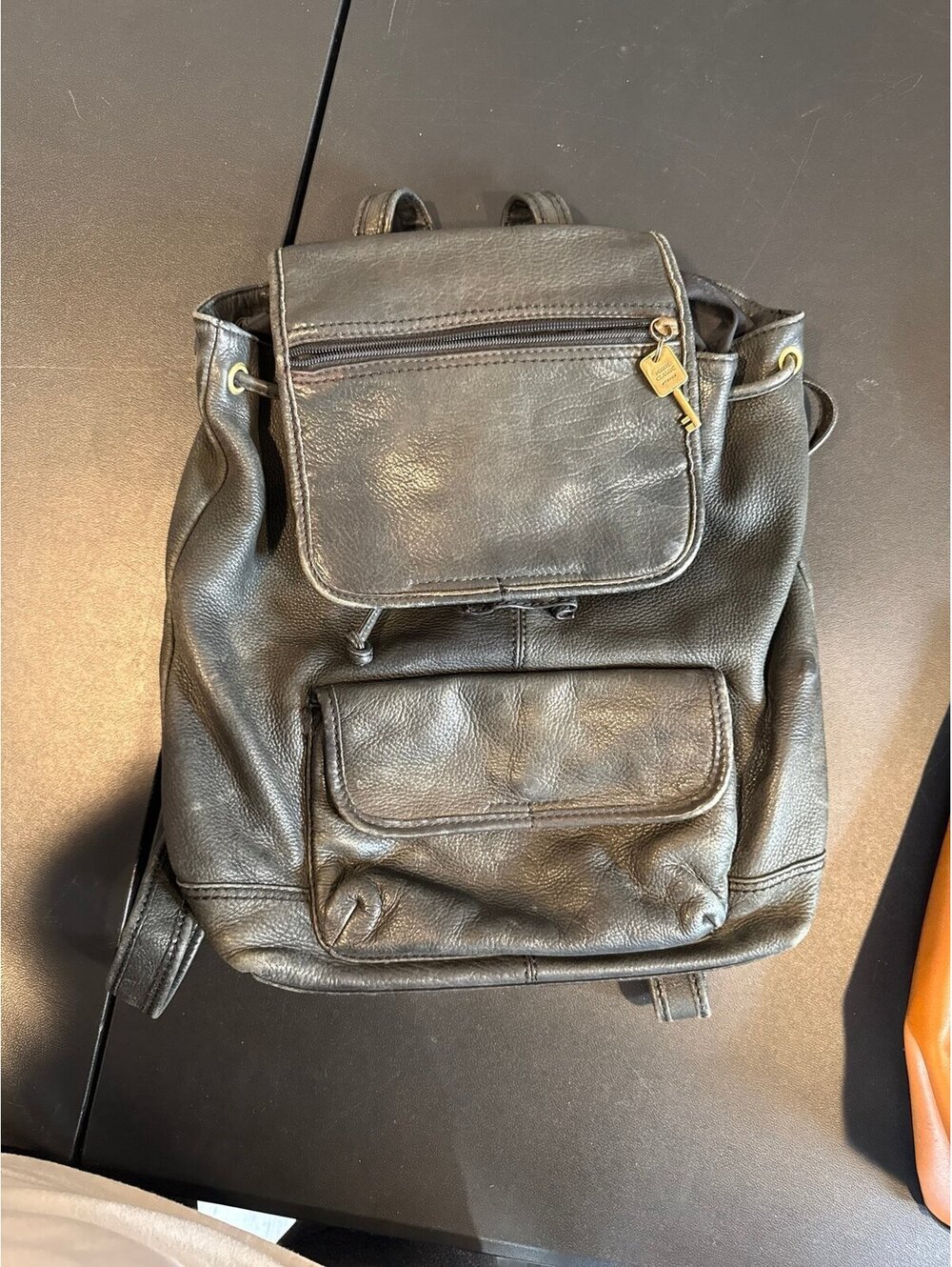 Fossil Genuine Leather Backpack Purse Black Drawstring Flap Bag Style 76092